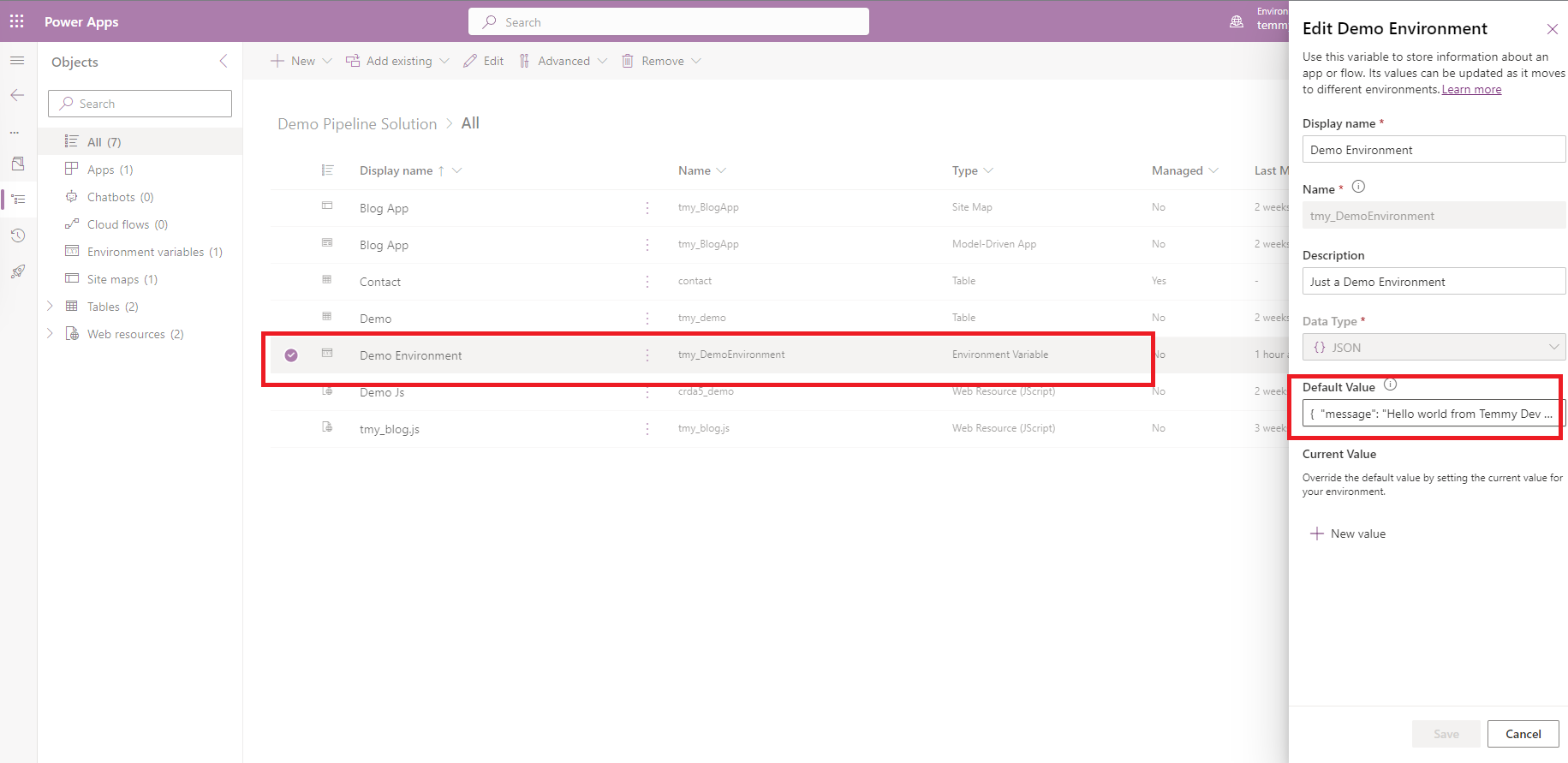 Environment Variable named "Demo Environment"