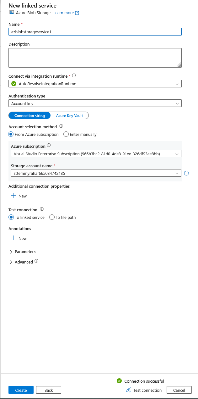 Create blob storage linked service