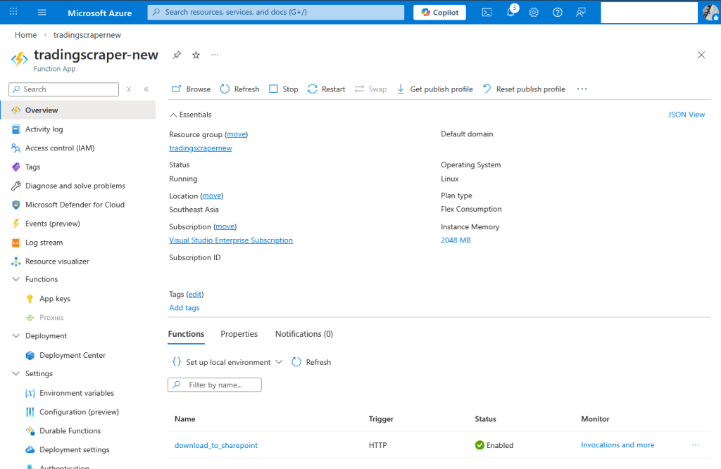 Trading Scrape overview page in Azure Function App