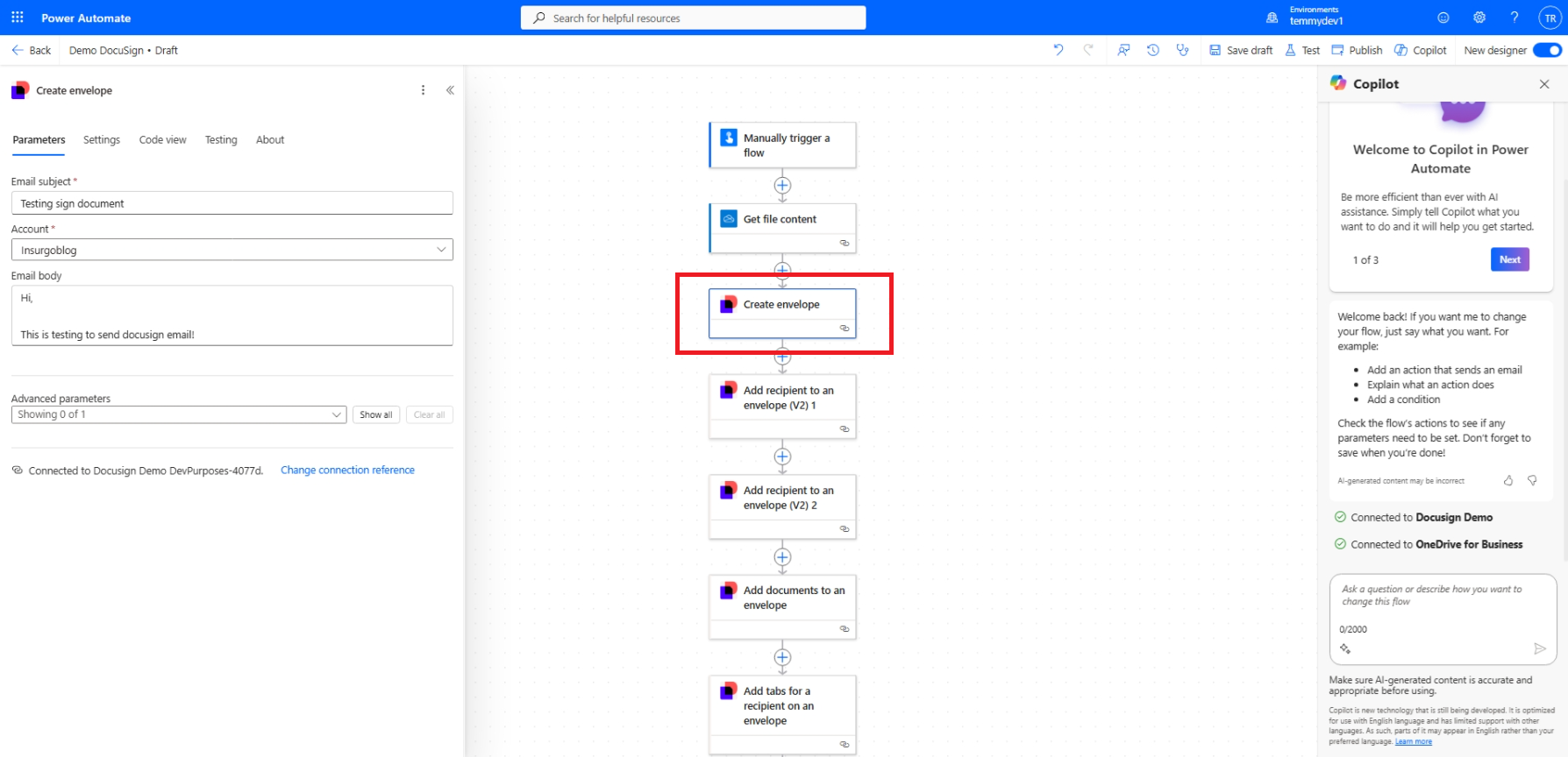 Create envelope action