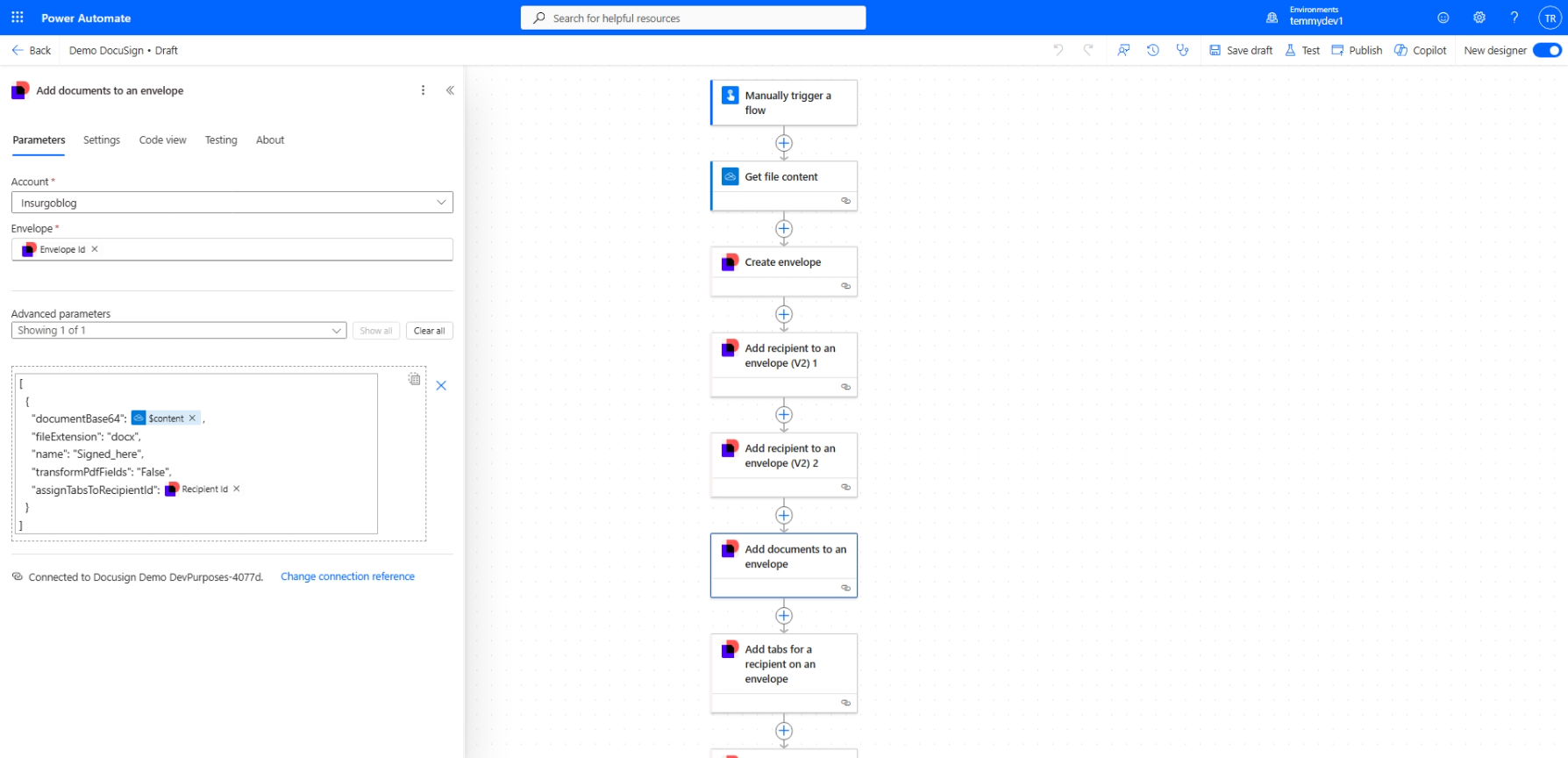 Add documents to an envelope action