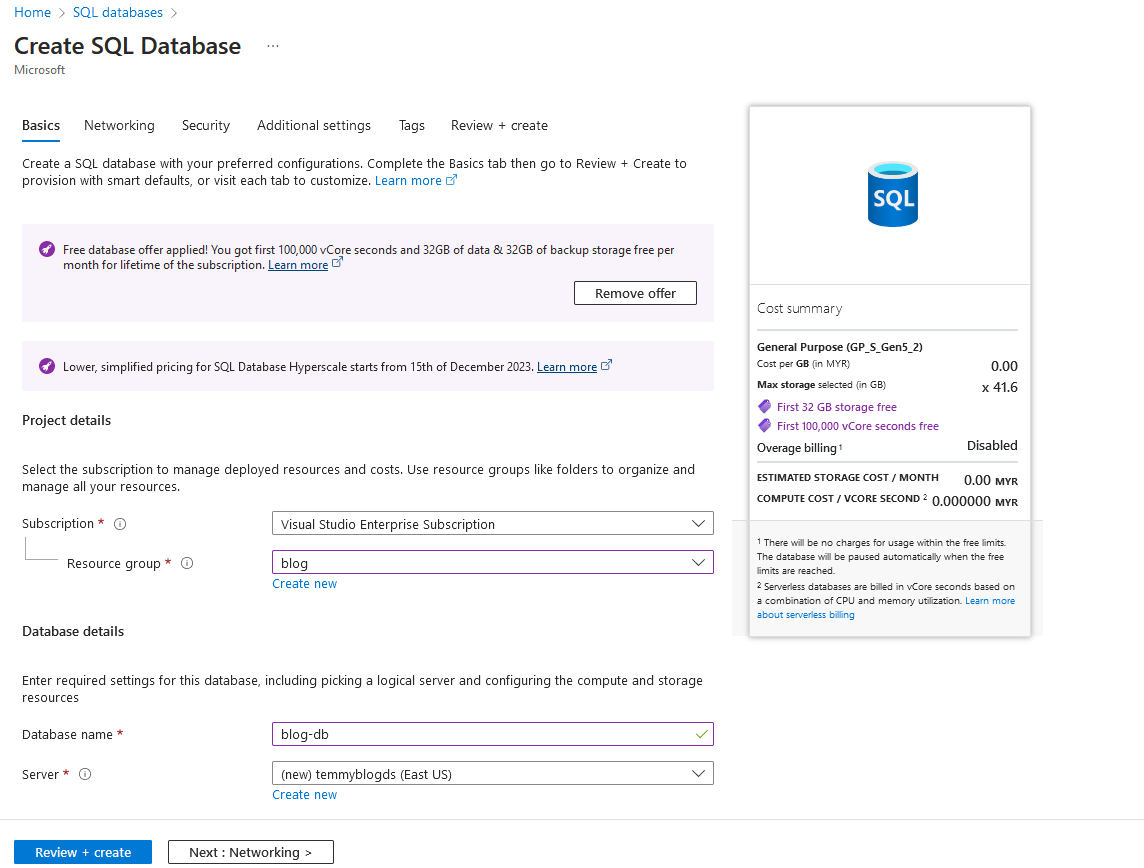 Create SQL DB component