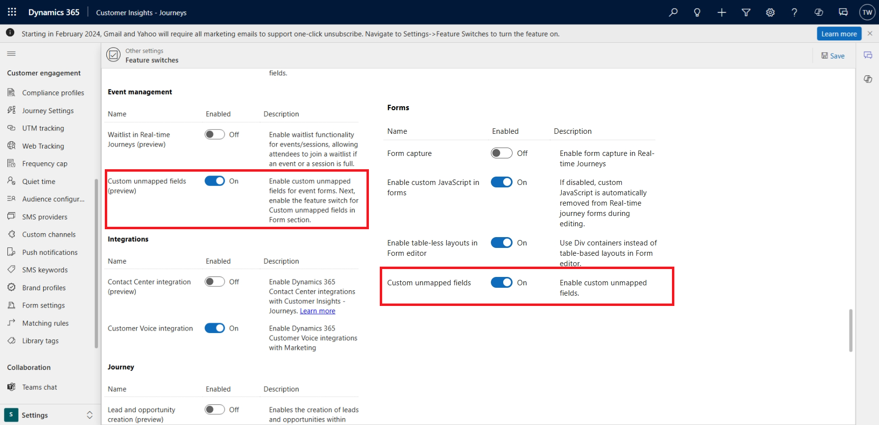 Enabled "Custom unmapped fields" in the Event management and Forms sections