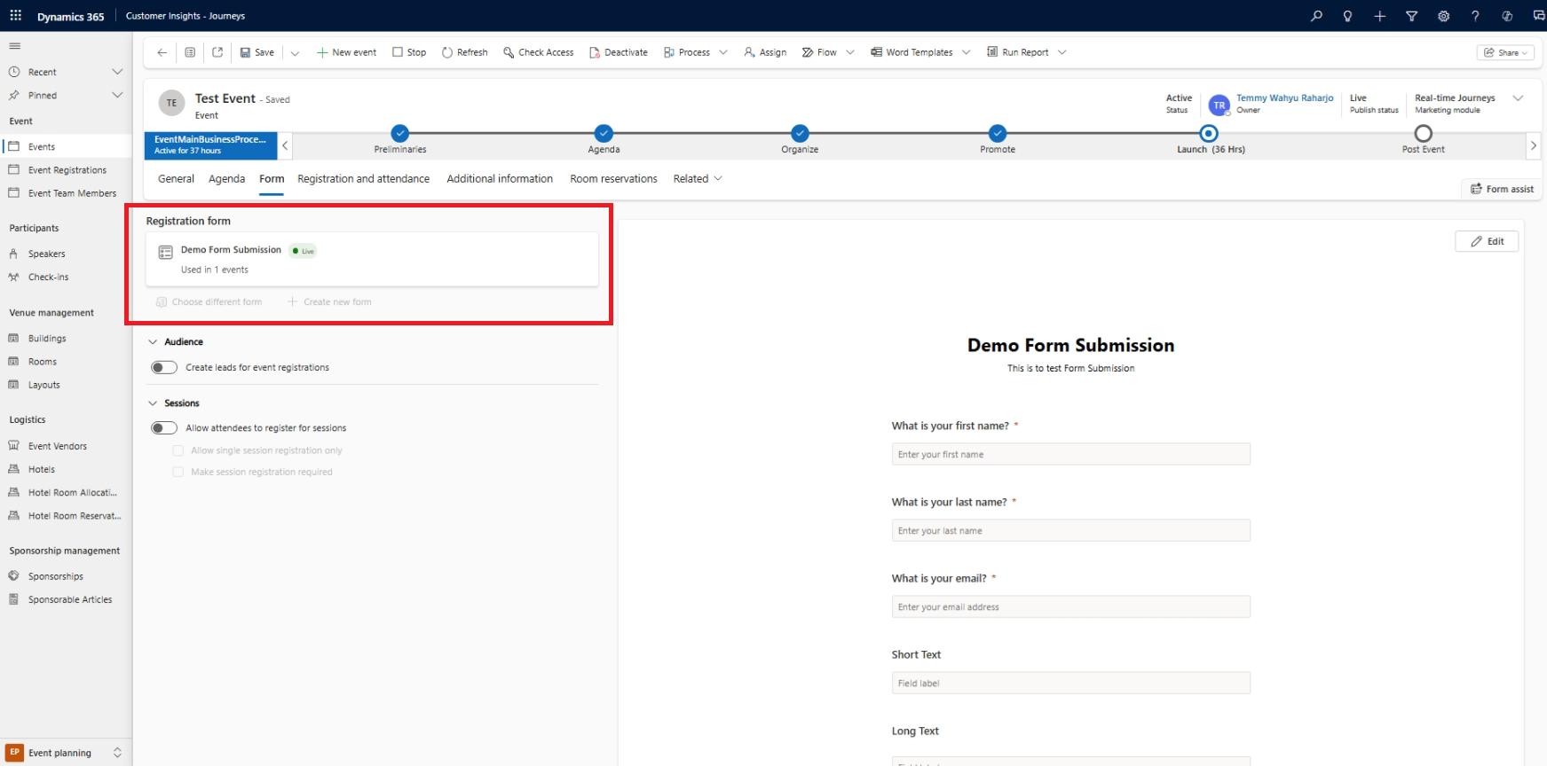 Event with the Registration form "Demo Form Submission"