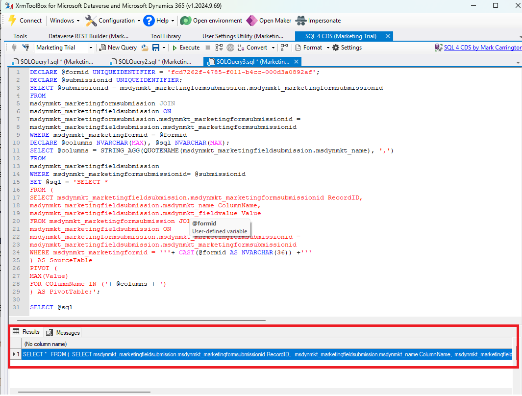 The first execution will generate the SQL to get the submission data