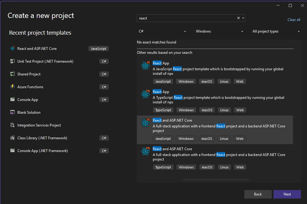 React and ASP.NET Core template