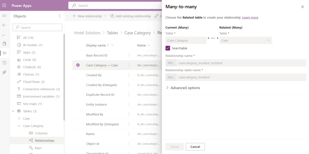 The many-to-many relationship between Case Category and Case table