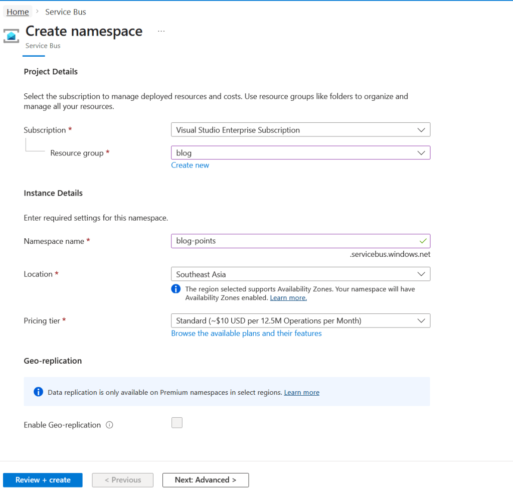 Create a Service Bus with a pricing tier Standard
