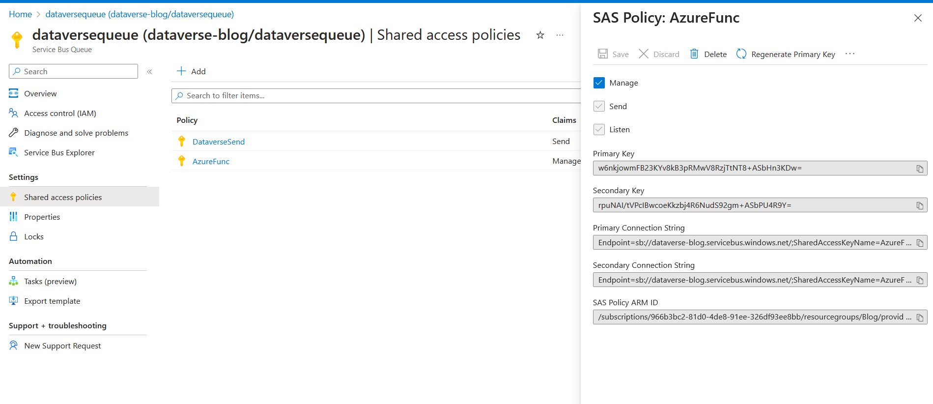 Create Shared access policies for Azure Function