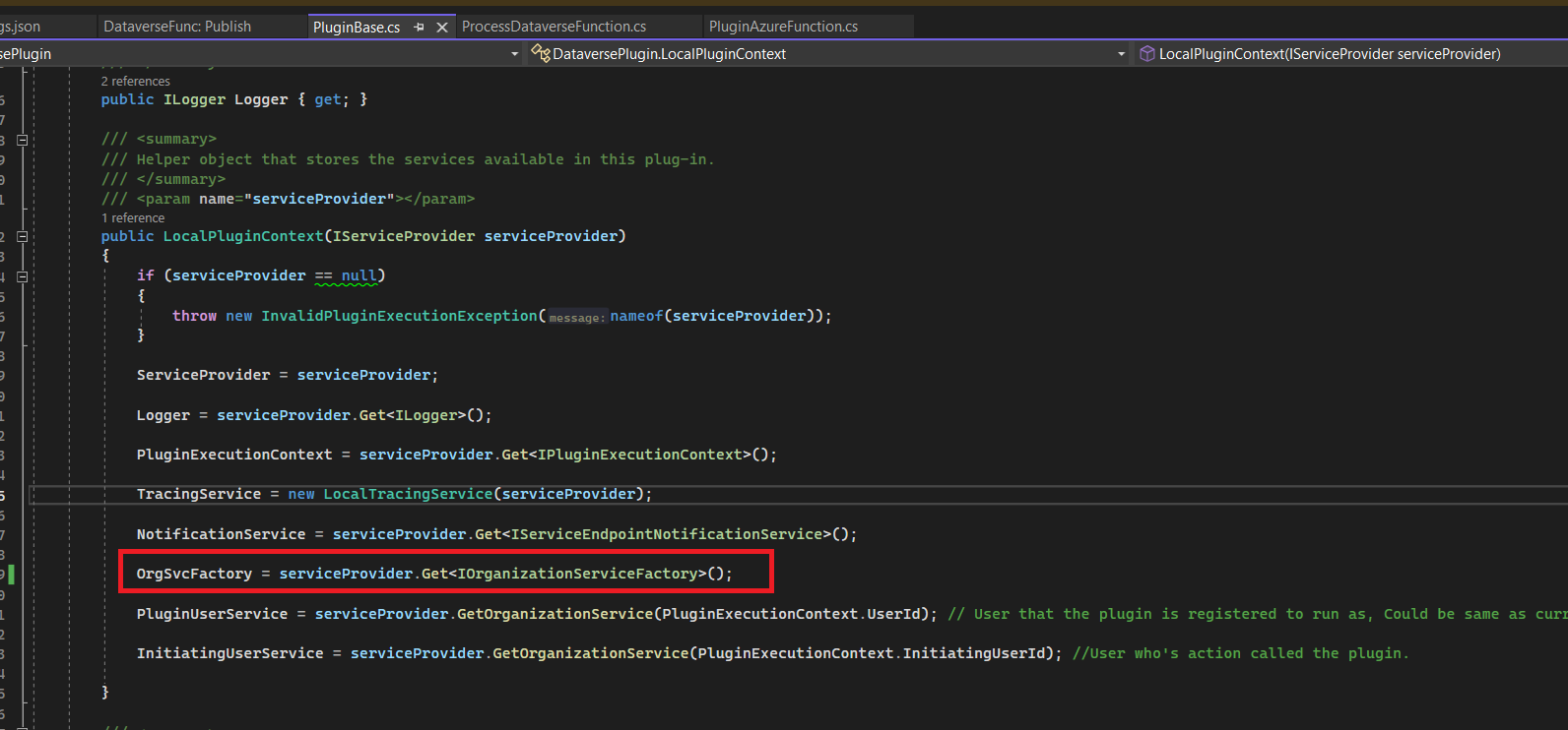 Set OrgSvcFactory to fix "Object Reference not set" error