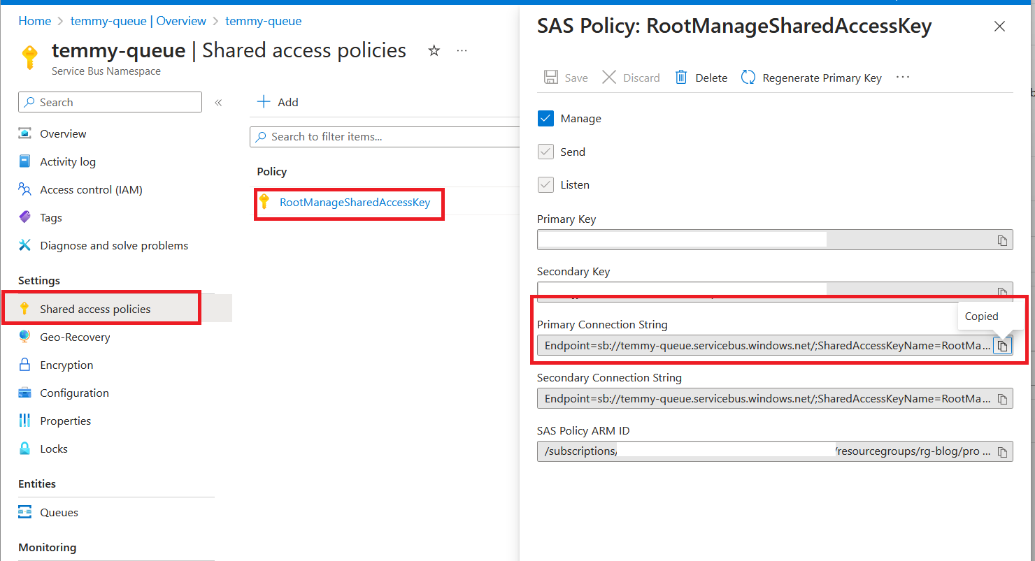 Copy the Primary Connection String of your Service Bus