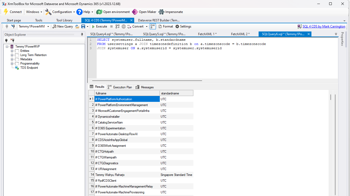 Query to get standardname TimeZone in SQL4CDS