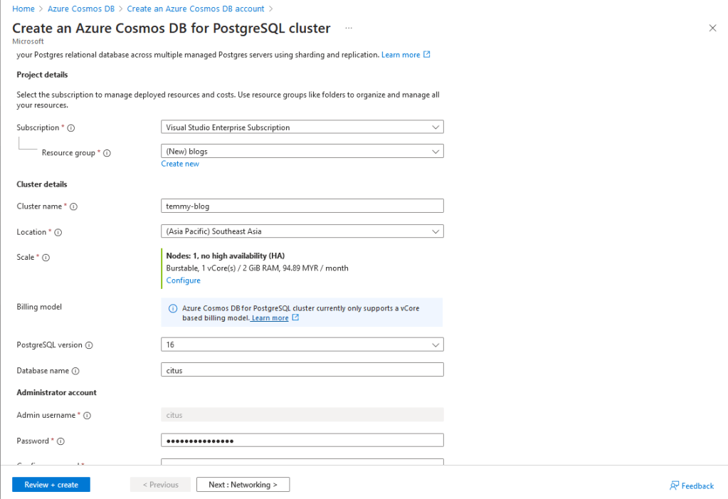 Create an Azure Cosmos DB for POstgreSQL Cluster (cont)
