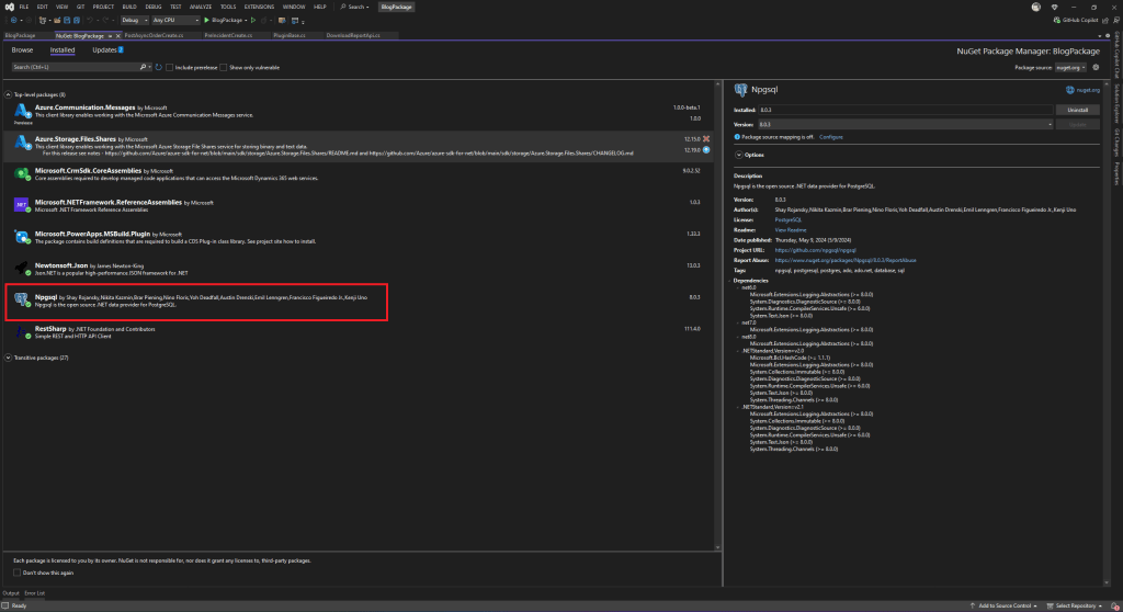 Install Npgsql Nuget Package