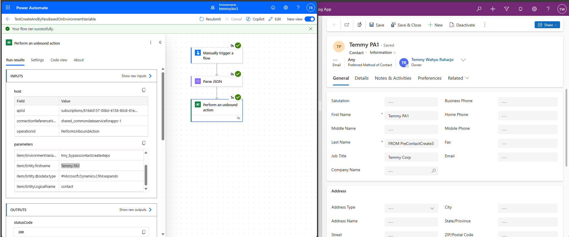 Demo Power Automate record created result