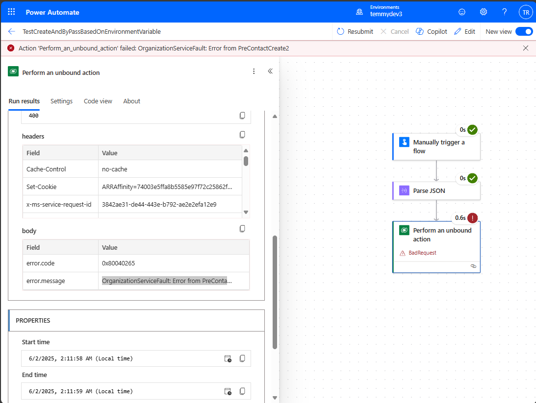 Demo Power Automate record failed