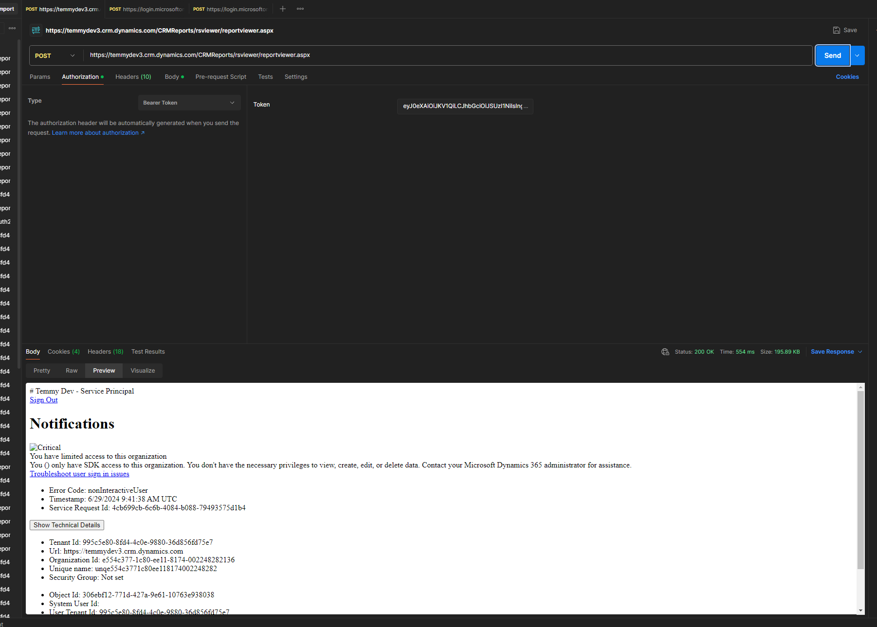 Error Page when accessing the reportviewer.aspx using Application User's Auth Token