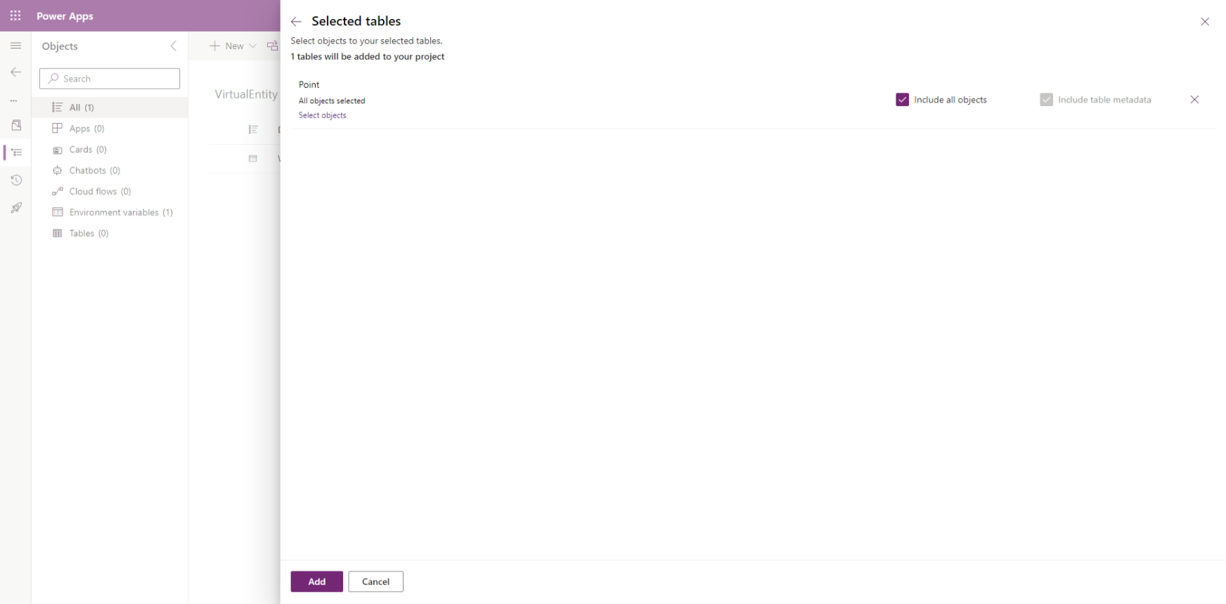 During add existing Virtual Table, don't forget to "Include all objects"