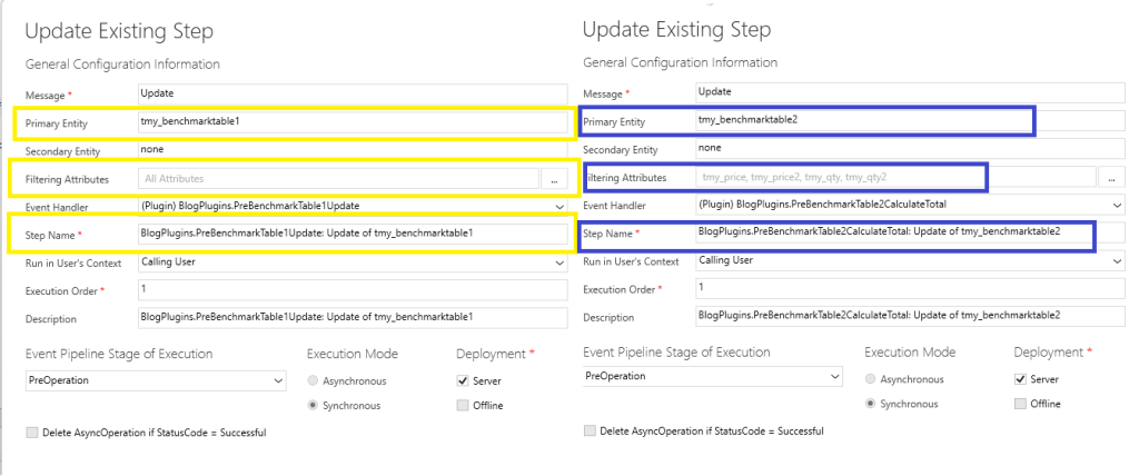 Plugin steps between PreBenchmarkTable1Update and PreBenchmarkTable2CalculateTotal