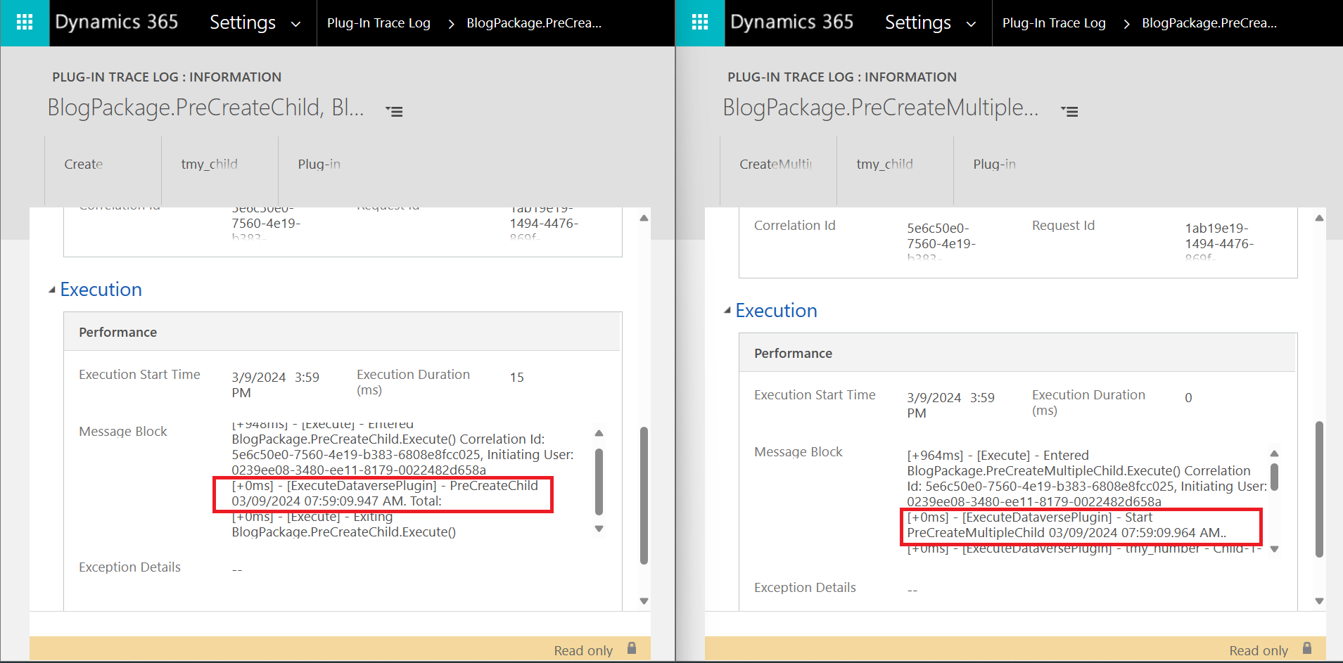 Trace Log that shows that PreCreateChild running first compared to PreCreateMultiple