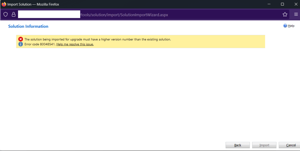 The solution being imported for upgrade must have a higher version number than the existing solution.