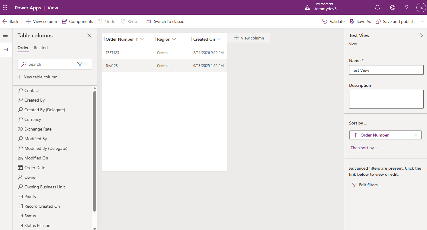 Create a view with the name of "Test View"