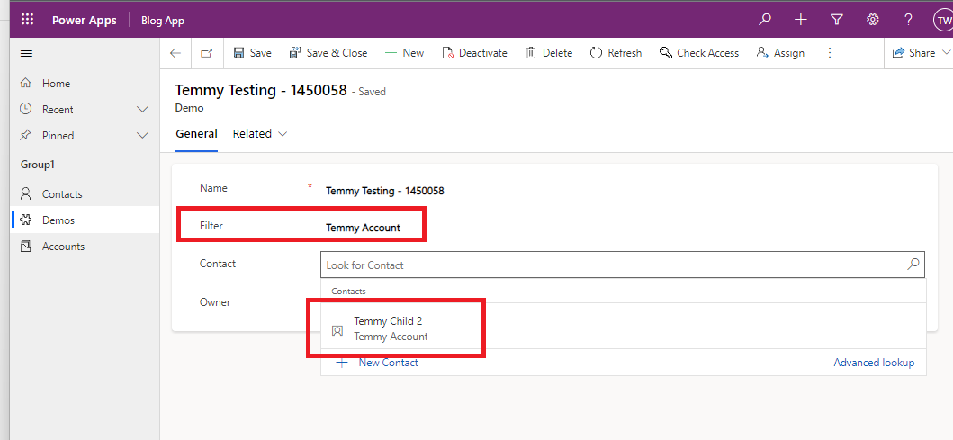 Demo form where contains Filter to search the correct Contact
