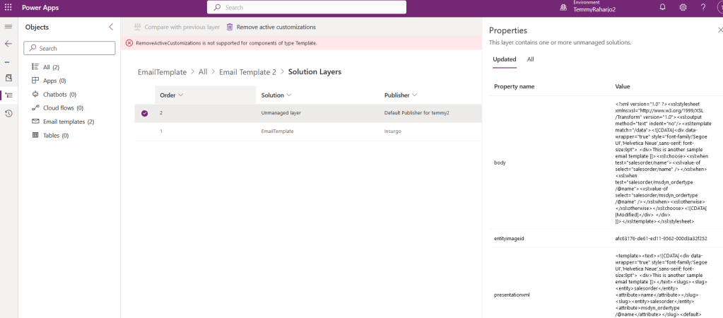 The Unmanaged layer's of Email template can't be deleted