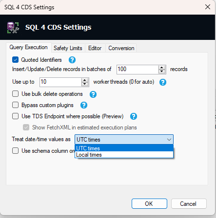 SQL 4 CDS setting to Treat date/time value as UTC times/Local times