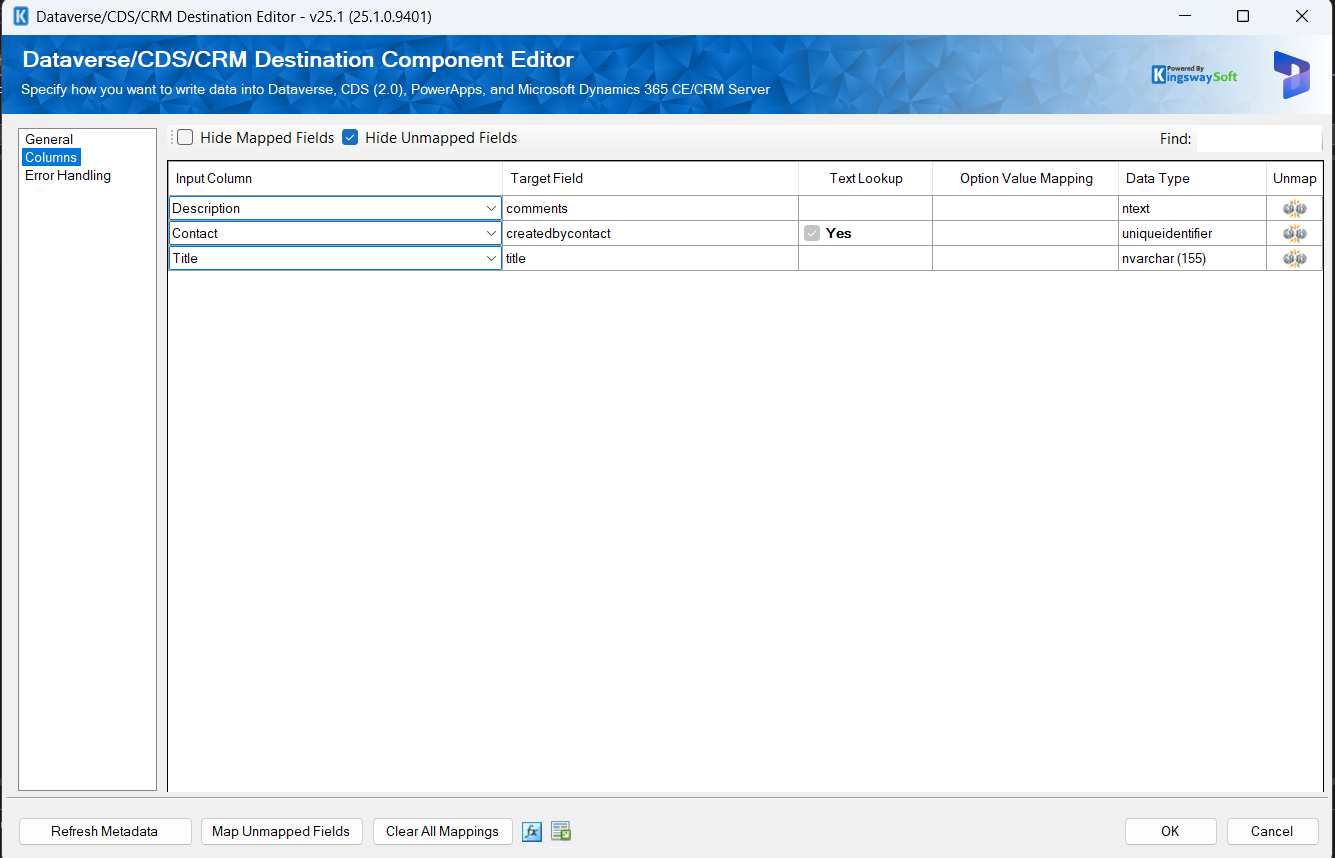 Dataverse Destination component mapping