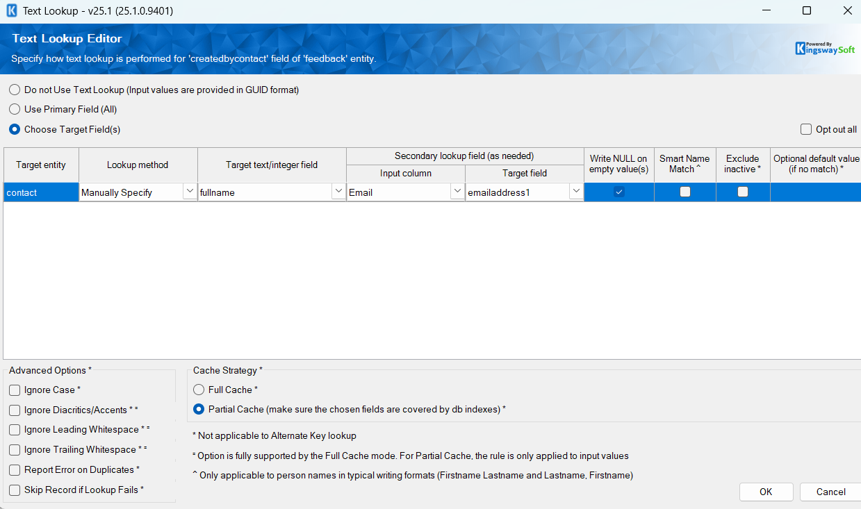 Partial Cache + Manual Specify settings