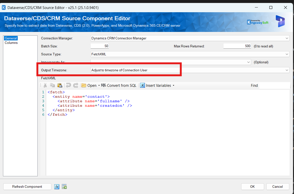 Dynamics CRM Source - Output Timezone: Adjust to timezone of Connection User