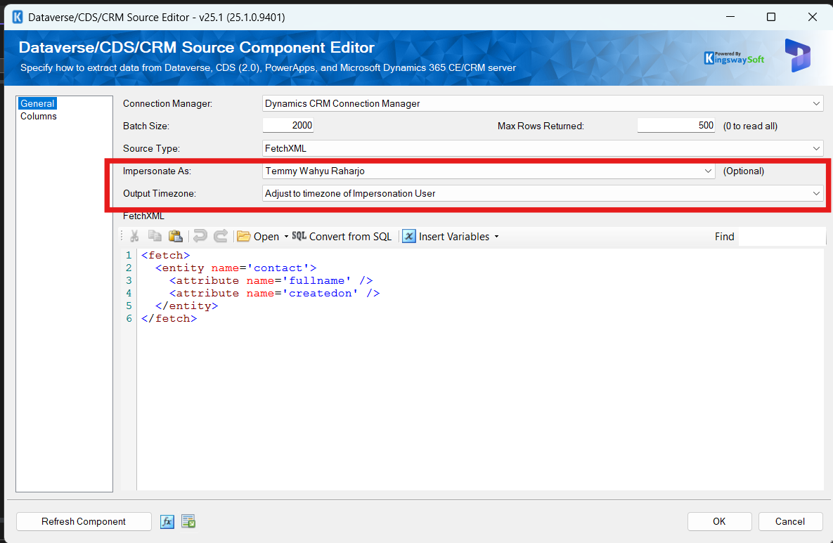 Dynamics CRM Source - Output Timezone: Adjust to timezone of Impersonate User