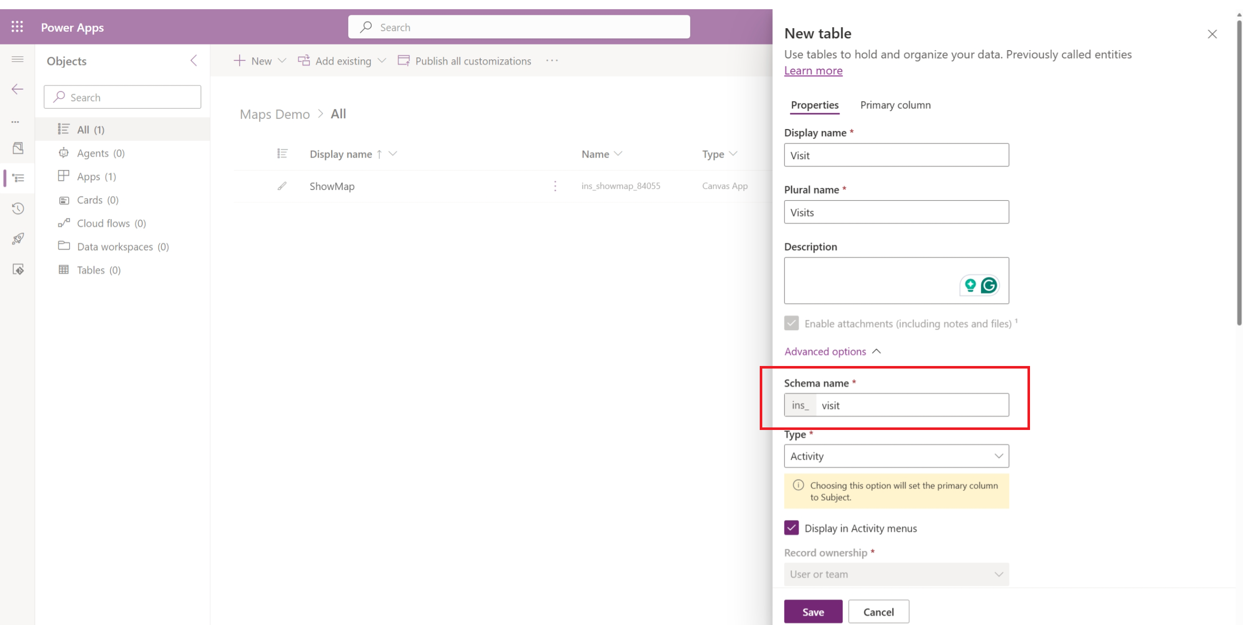 Create an activity table to store location data