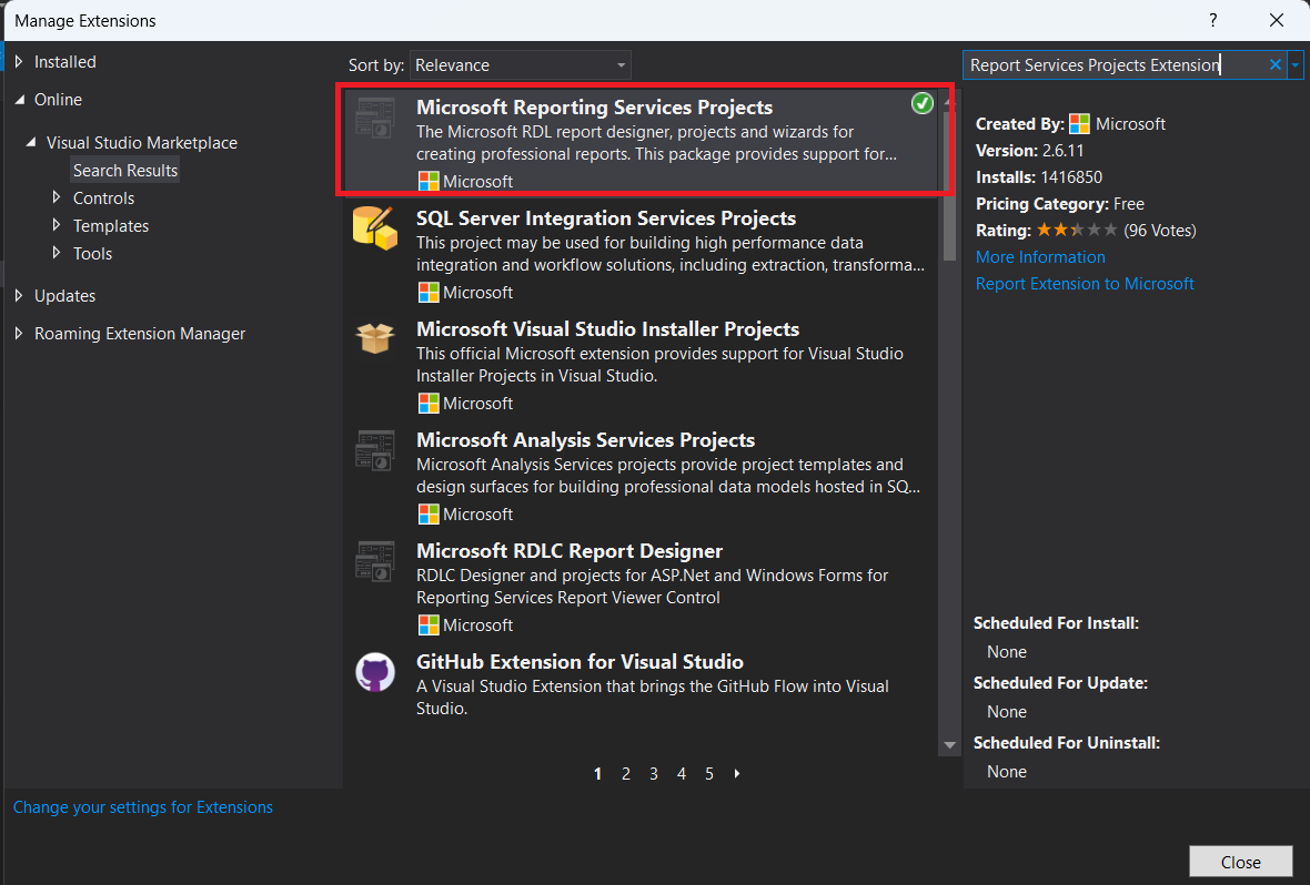 Installed Microsoft Reporting Services Projects