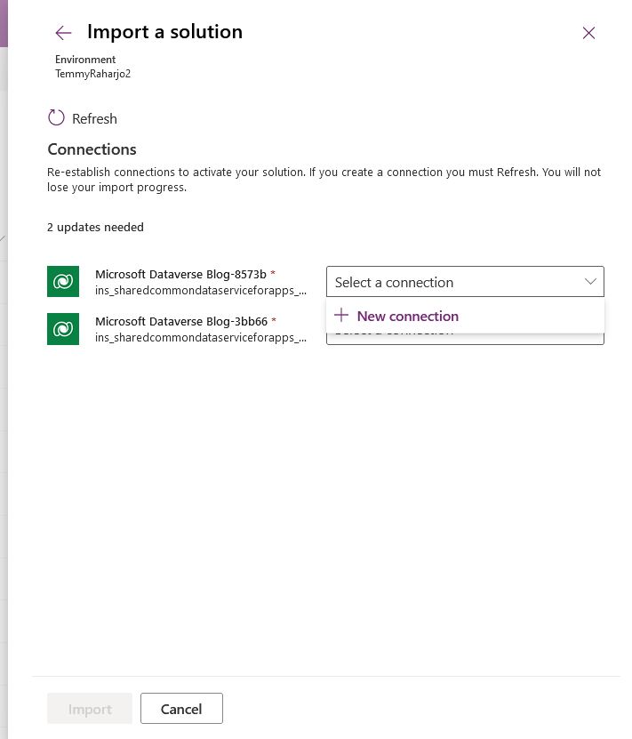 The dialog to create the connections necessary