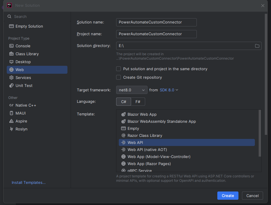 Create a Web API project using Rider
