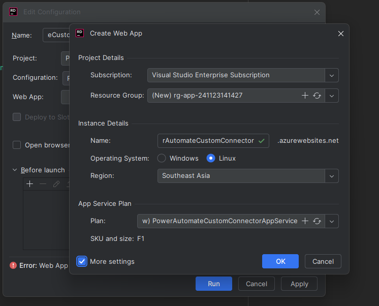 Create Web App from Azure toolkit for Rider plugin