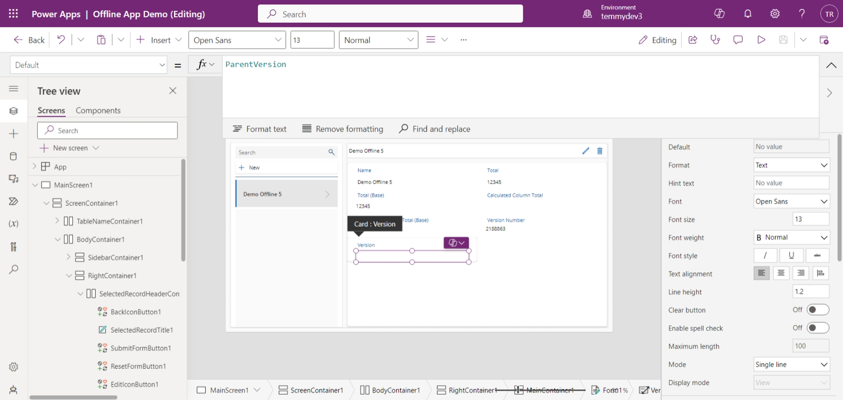 Set the Version using ParentVersion value