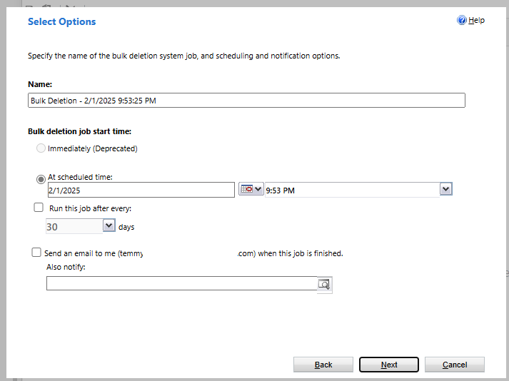 Setting the start time, and a recurrence strategy, and also sending an email notification after the deletion is done