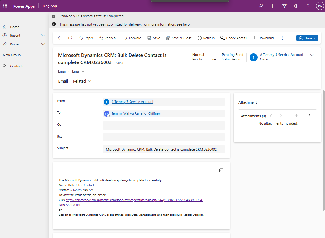 Email notification for succeed deletion