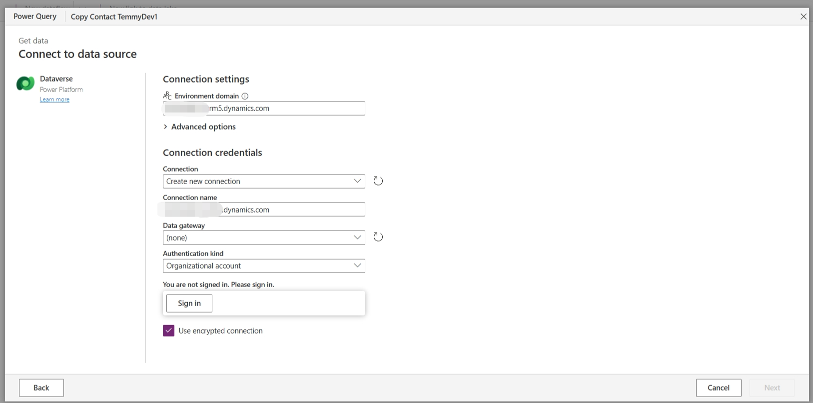 Create Dataverse connection