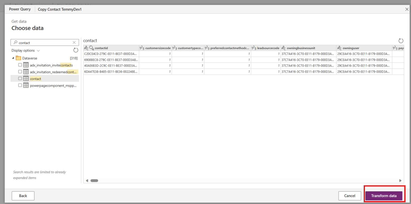 Select Contact Table and Transform the data