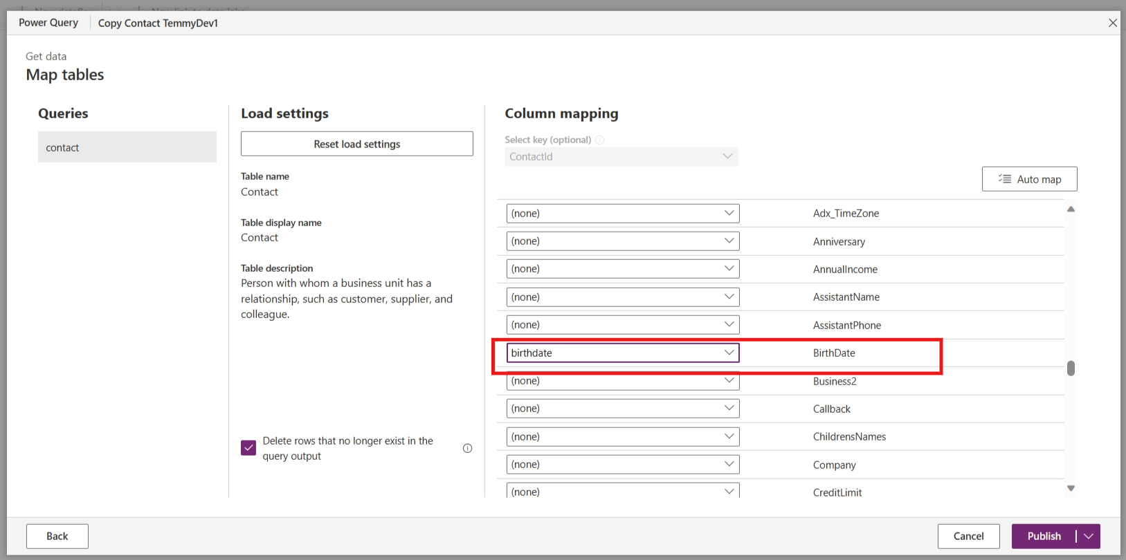Edit columns and mapping