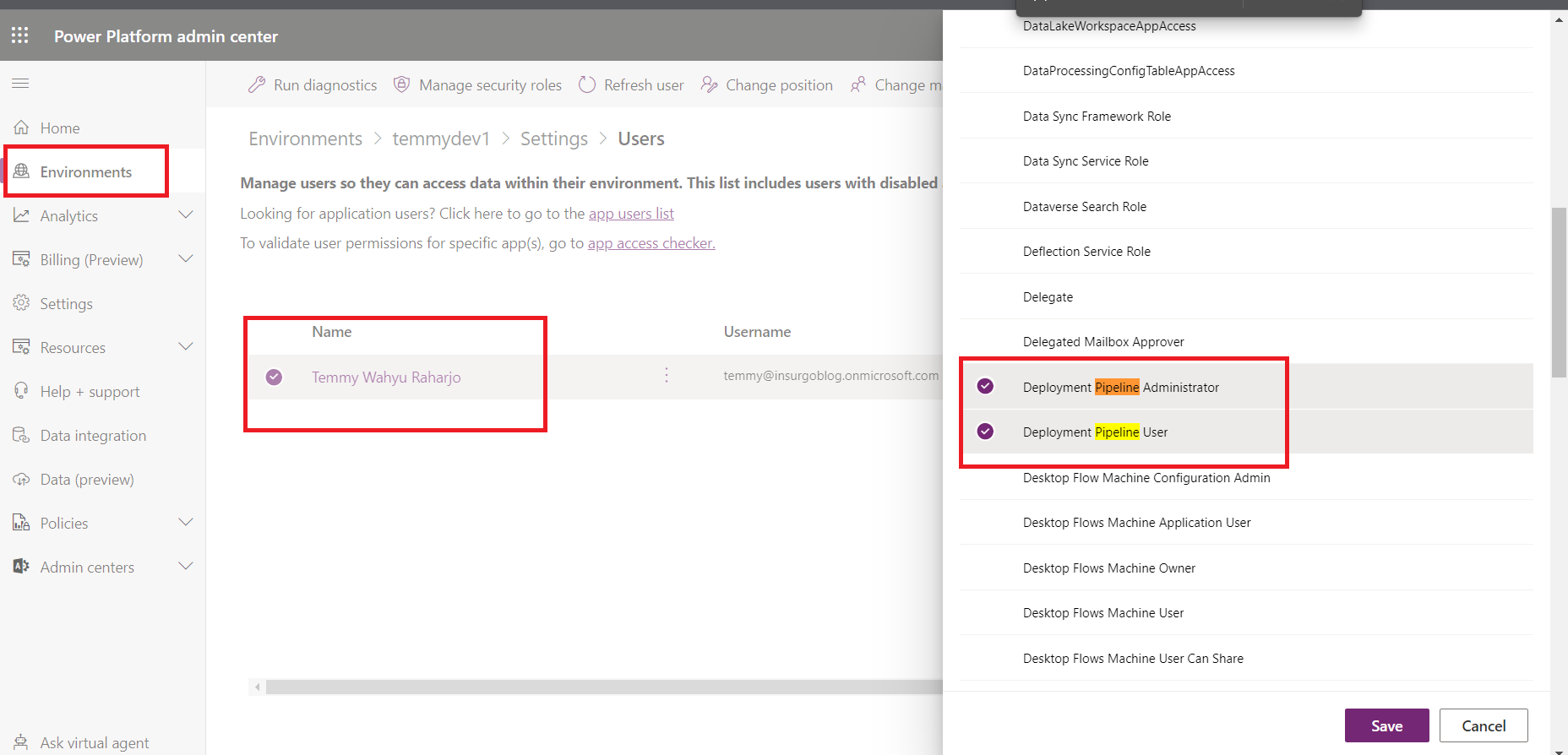 Set user as "Deployment Pipeline Administrator" and "Deployment Pipeline User".