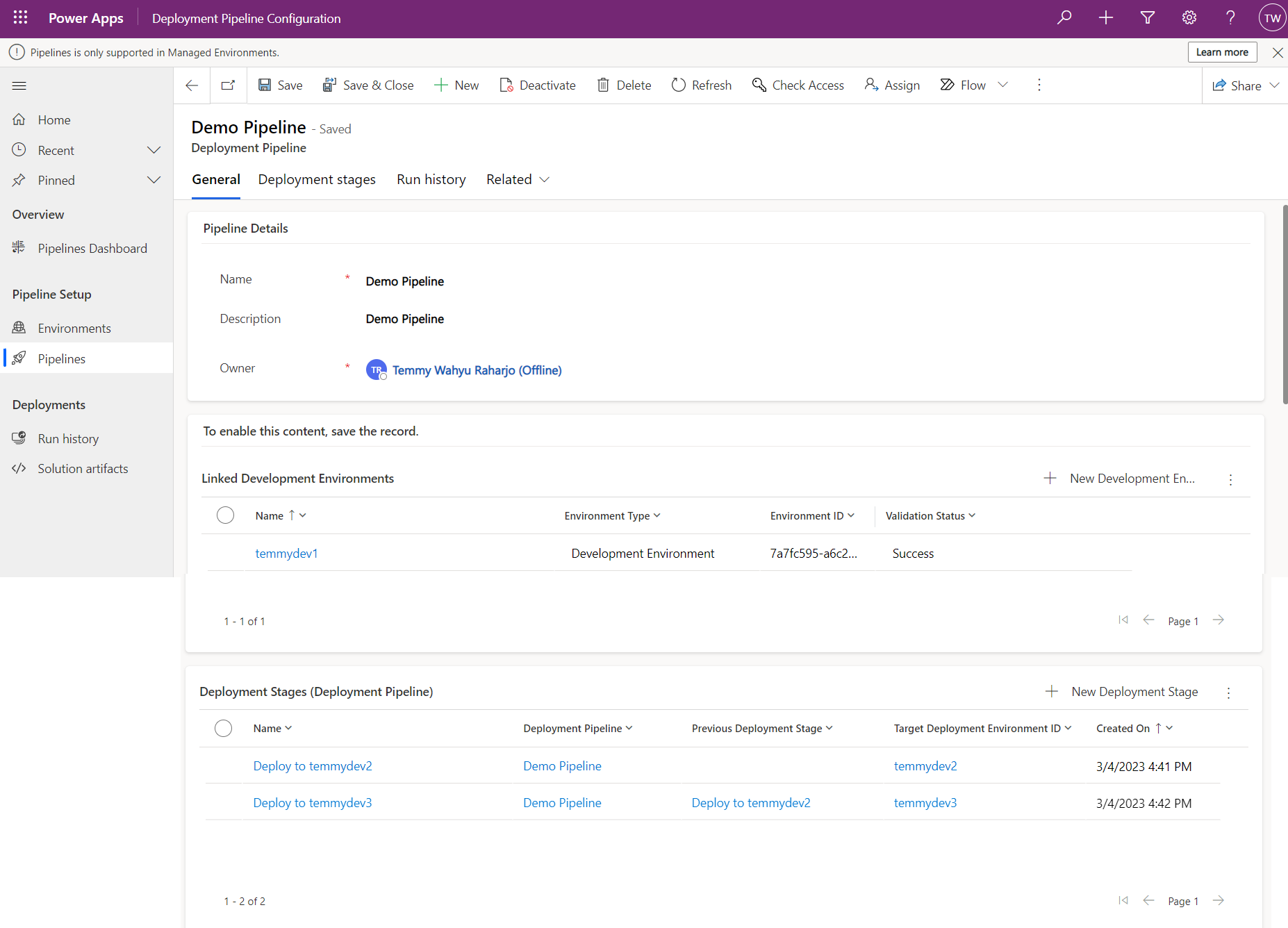 Setup Pipeline record