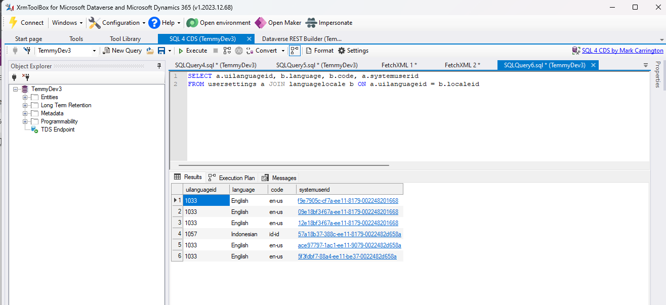 SQL4CDS Query to get language