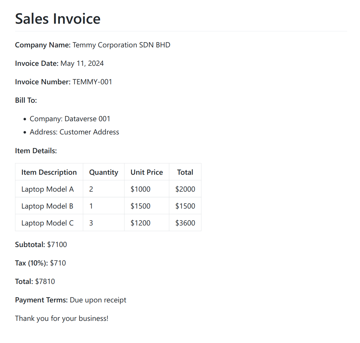 Sample Vendor Invoice