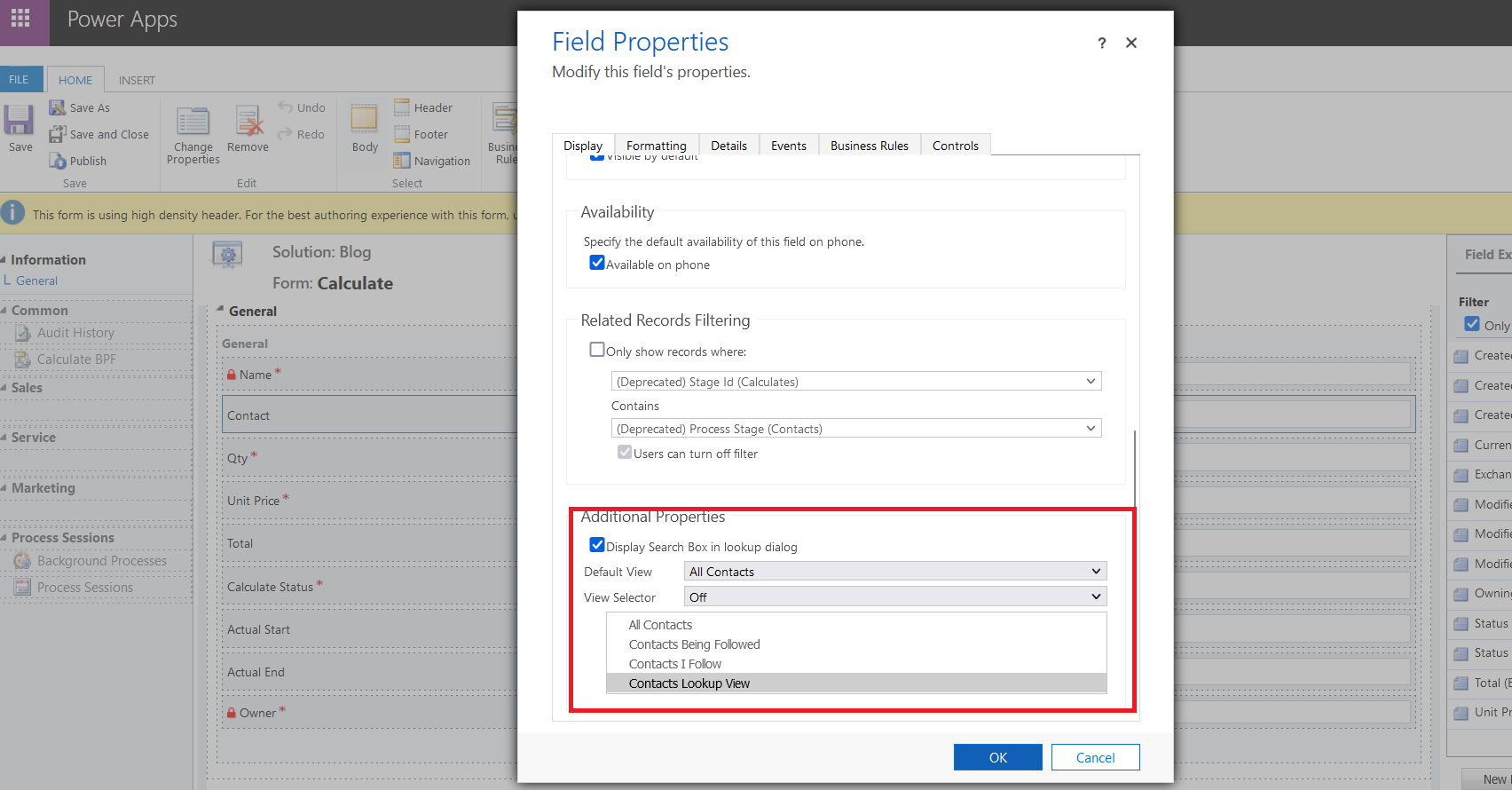 Set up the Default view for the lookup control