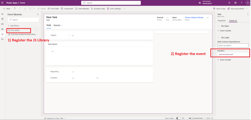 Register the JS and the event